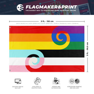 A mockup depicting custom flag specifications and measurements for 'Maori Pride flag'