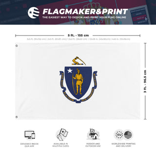 A mockup depicting custom flag specifications and measurements for 'Massachusetts State Flag'