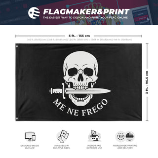 A mockup depicting custom flag specifications and measurements for 'Me Ne Frego flag'