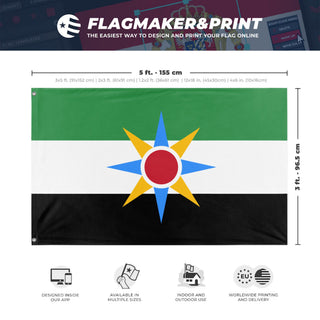 A mockup depicting custom flag specifications and measurements for 'Mesopotamia Flag'
