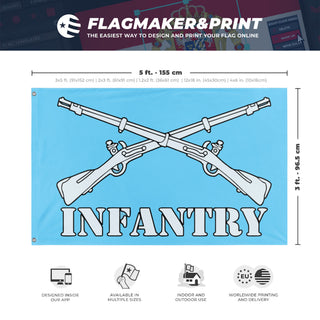 A mockup depicting custom flag specifications and measurements for 'Metallic Infantry Branch flag'