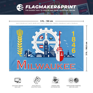 A mockup depicting custom flag specifications and measurements for 'Milwaukee Flag'
