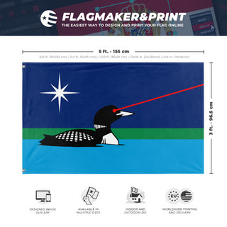 A mockup depicting custom flag specifications and measurements for 'Minnesota Laser Loon flag'