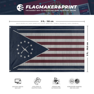 A mockup depicting custom flag specifications and measurements for 'Minutemen Flag'
