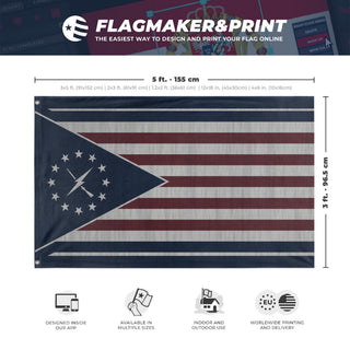 A mockup depicting custom flag specifications and measurements for 'Minutemen Flag Vertical'