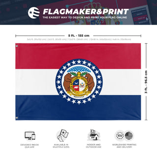 A mockup depicting custom flag specifications and measurements for 'Missouri State Flag'