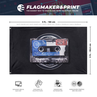 A mockup depicting custom flag specifications and measurements for 'Model flag'
