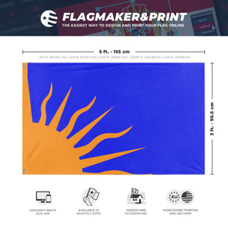 A mockup depicting custom flag specifications and measurements for 'Modern Irish Sunburst flag'