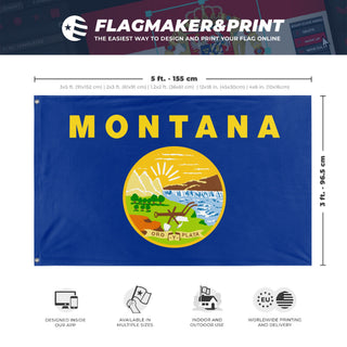 A mockup depicting custom flag specifications and measurements for 'Montana State Flag'