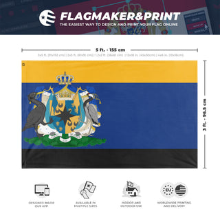 A mockup depicting custom flag specifications and measurements for 'Most Serene Principality of Southern Zenia flag'