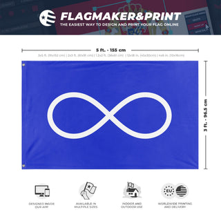A mockup depicting custom flag specifications and measurements for 'Métis Nation Flag'