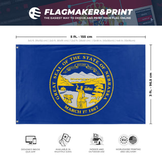 A mockup depicting custom flag specifications and measurements for 'Nebraska State Flag'