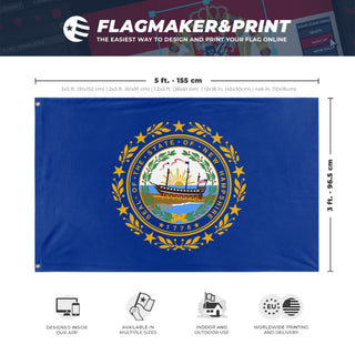 A mockup depicting custom flag specifications and measurements for 'New Hampshire State Flag'