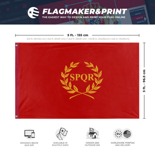 A mockup depicting custom flag specifications and measurements for 'New Rome flag'