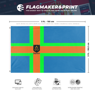 A mockup depicting custom flag specifications and measurements for 'New flag of Imperia flag'