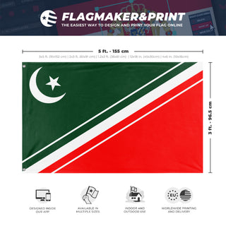 A mockup depicting custom flag specifications and measurements for 'New pakistan flag redesign with tricolor'