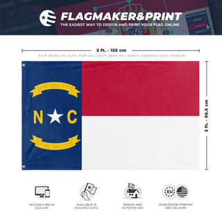 A mockup depicting custom flag specifications and measurements for 'North Carolina State Flag'