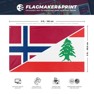 A mockup depicting custom flag specifications and measurements for 'Norway-Lebanon Friendship flag'