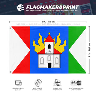 A mockup depicting custom flag specifications and measurements for 'Novy Kostel flag'
