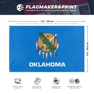 A mockup depicting custom flag specifications and measurements for 'Oklahoma State Flag'