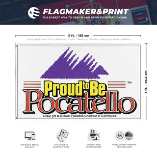 A mockup depicting custom flag specifications and measurements for 'Old Pocatello Flag'