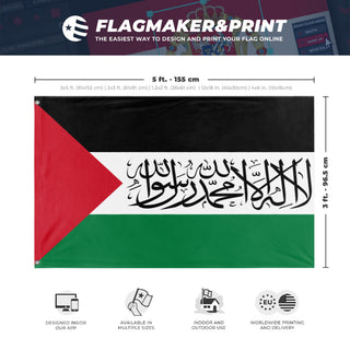 A mockup depicting custom flag specifications and measurements for 'Palestine Shahada flag'