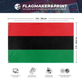 A mockup depicting custom flag specifications and measurements for 'Pan-African Flag'