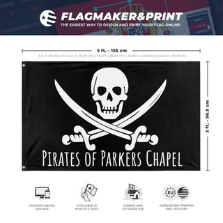 A mockup depicting custom flag specifications and measurements for 'Pirates of Parkers Chapel flag'