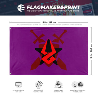 A mockup depicting custom flag specifications and measurements for 'Pit of Fire flag'