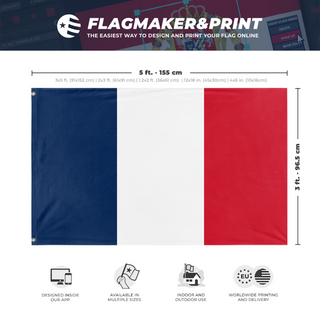 A mockup depicting custom flag specifications and measurements for 'Plain France flag'