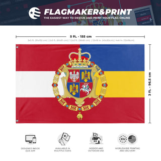 A mockup depicting custom flag specifications and measurements for 'Poland-Lithuanian-Romanian Commonwealth flag'