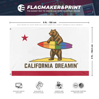 A mockup depicting custom flag specifications and measurements for 'Proud CA Bear flag'