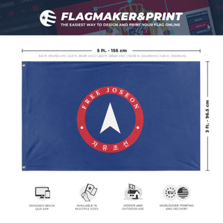 A mockup depicting custom flag specifications and measurements for 'Provisional Republic of Free Joseon flag'