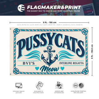 A mockup depicting custom flag specifications and measurements for 'Pussycats Regatta flag'