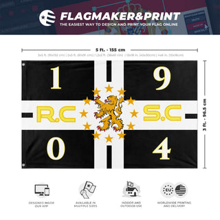 A mockup depicting custom flag specifications and measurements for 'R.C.S.C flag'