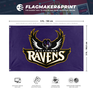 A mockup depicting custom flag specifications and measurements for 'Ravens 2000s Flag'