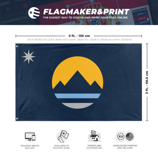 A mockup depicting custom flag specifications and measurements for 'Reno City Flag'