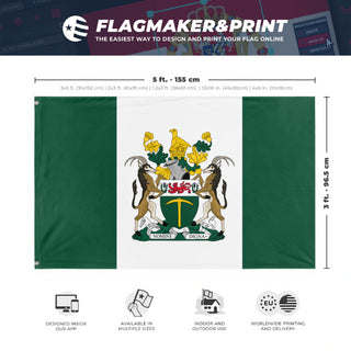A mockup depicting custom flag specifications and measurements for 'Rhodesia flag'