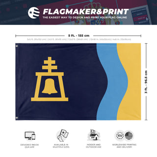 A mockup depicting custom flag specifications and measurements for 'Riverside City Flag'