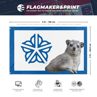 A mockup depicting custom flag specifications and measurements for 'RocHyrax flag'