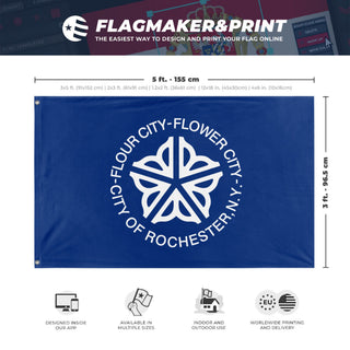 A mockup depicting custom flag specifications and measurements for 'Rochester City Flag'