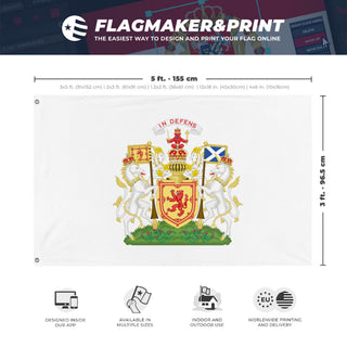 A mockup depicting custom flag specifications and measurements for 'Royal Coat of Arms of the Kingdom of Scotland flag'