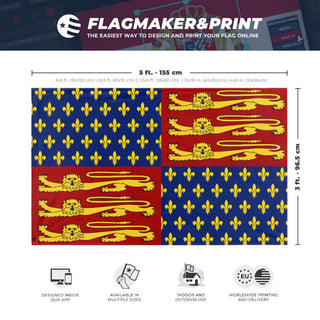 A mockup depicting custom flag specifications and measurements for 'Royal Standard of England flag'