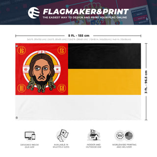 A mockup depicting custom flag specifications and measurements for 'Russian Holy State flag'