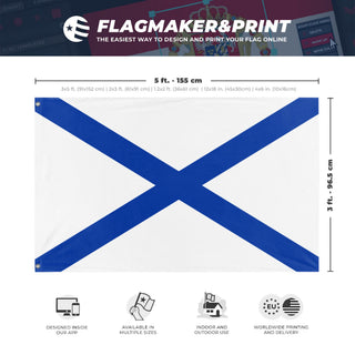 A mockup depicting custom flag specifications and measurements for 'Russian Navy Flag'