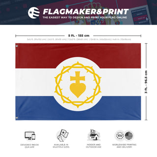A mockup depicting custom flag specifications and measurements for 'Sacrum Cor Bataviae flag'