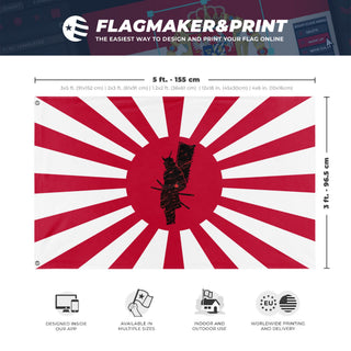 A mockup depicting custom flag specifications and measurements for 'Samurai Flag'