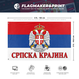 A mockup depicting custom flag specifications and measurements for 'Serbian Krajina flag'