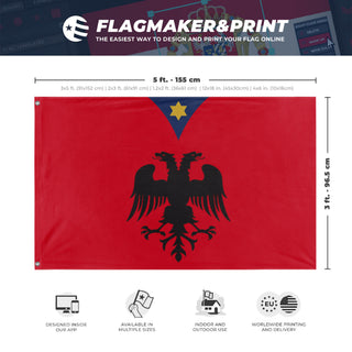 A mockup depicting custom flag specifications and measurements for 'Skanderbeg Albanian Flag'