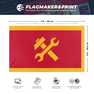 A mockup depicting custom flag specifications and measurements for 'Socialist/Communist Banner flag'